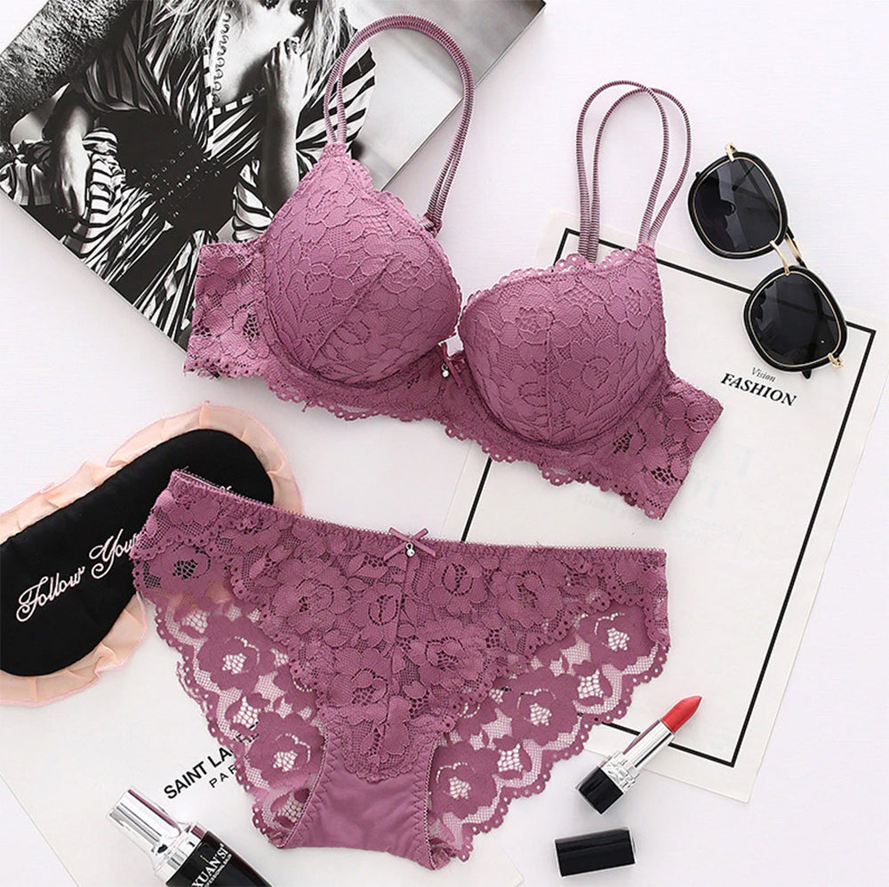 Flourish Elegant Lace Bra & Panty Set – Push Up & Double Padded Comfort with Floral Detailing (8855)