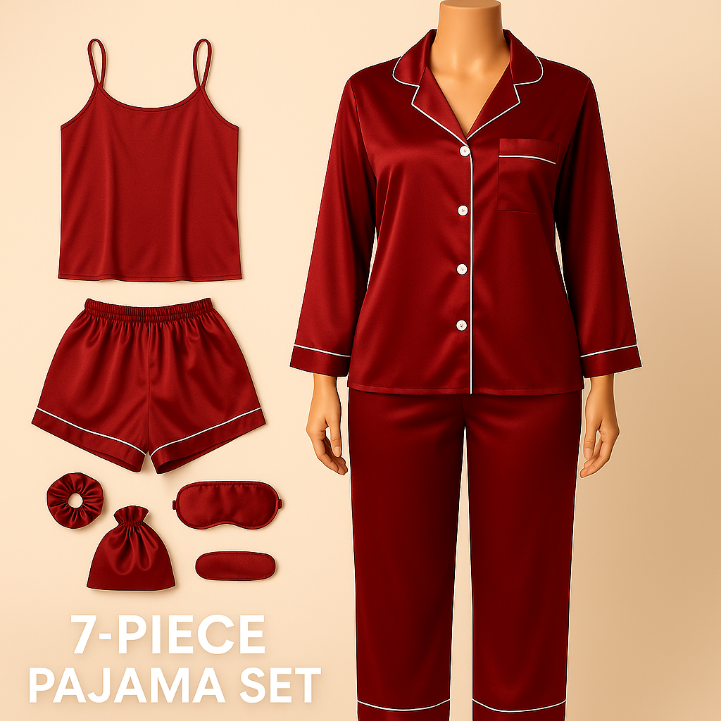 Flourish 7 pcs Non Padded Silk Satin Pajama Set Cami Top Nightgown Sexy Sleepwear Robe Sets Lace Nightdress
