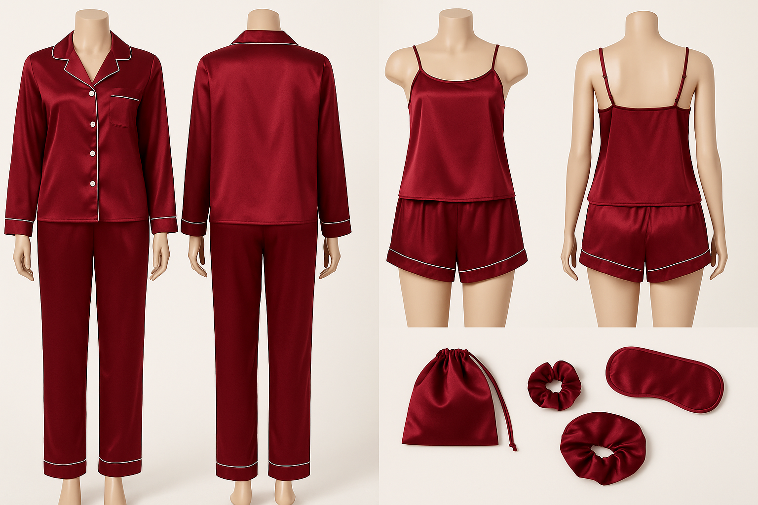 Flourish 7 pcs Non Padded Silk Satin Pajama Set Cami Top Nightgown Sexy Sleepwear Robe Sets Lace Nightdress