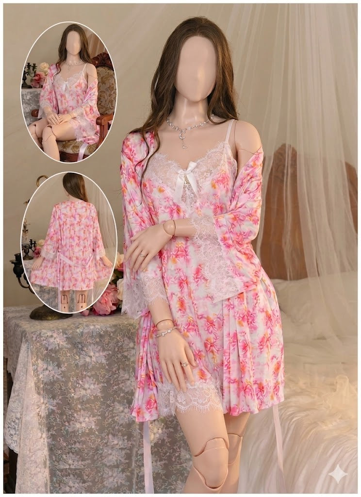 Flourish Floral Lace Luxury Nightwear Set – 2-Piece Satin Robe & Nighty (Art: 2502-5-K)