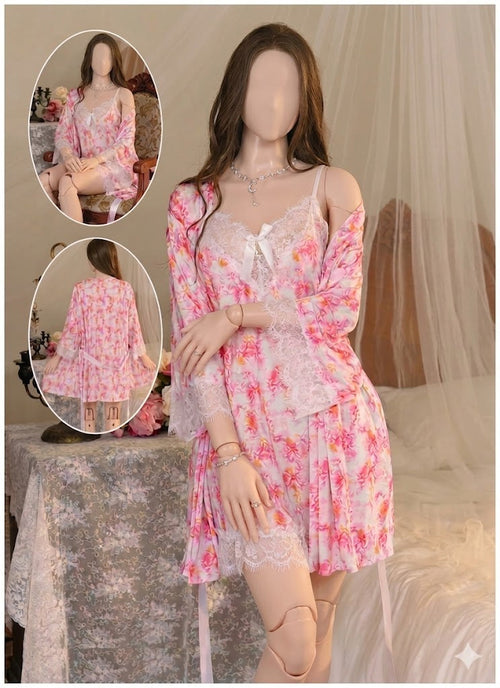Flourish Floral Lace Luxury Nightwear Set – 2-Piece Satin Robe & Nighty (Art: 2502-5-K)