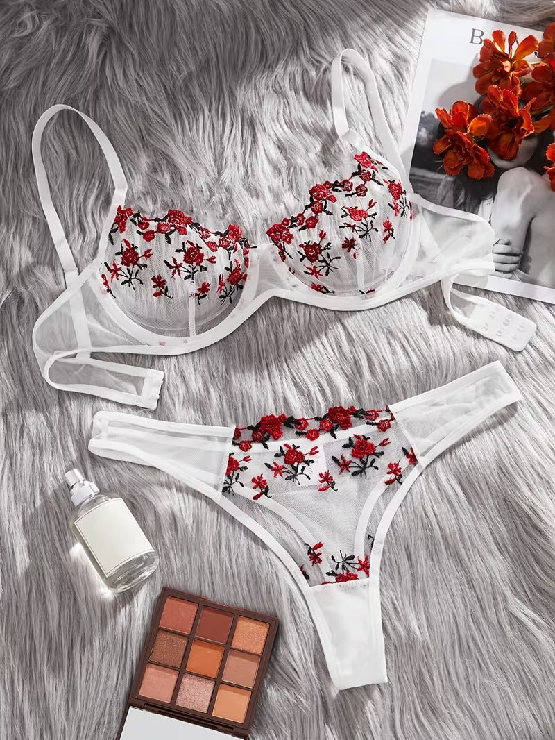 Flourish Sexy Elegant White Flower Lace Lingerie Set – Soft Mesh Floral Embroidered Bra & Panty 9987