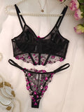 Flourish Midnight Bloom Luxury Non-Padded Wired Floral Embroidered Lace Lingerie Set – Sheer Mesh, New Romantic Design with Matching Thong