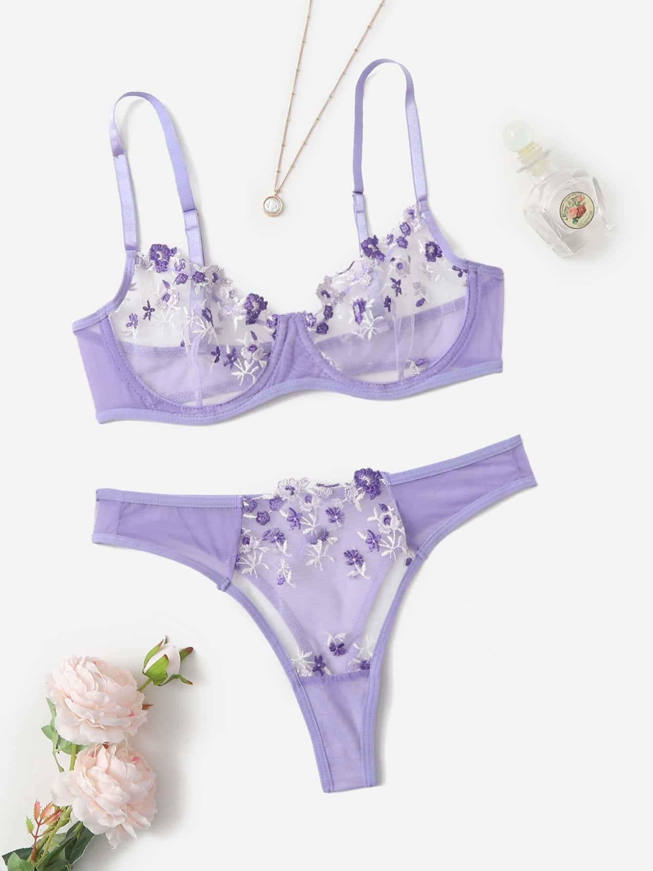 Flourish Sexy Elegant Flower Lace Lingerie Set – Soft Mesh Floral Embroidered Bra & Panty 9987