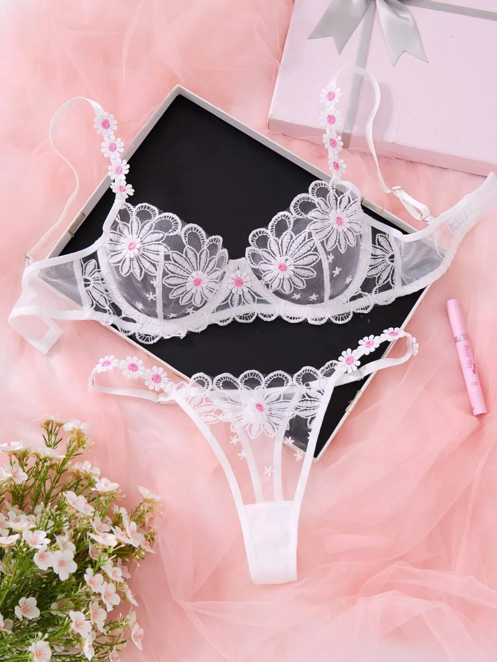 Flourish Sexy Elegant White Lace Lingerie Set – Soft Mesh Floral Embroidered Bra & Panty 5068
