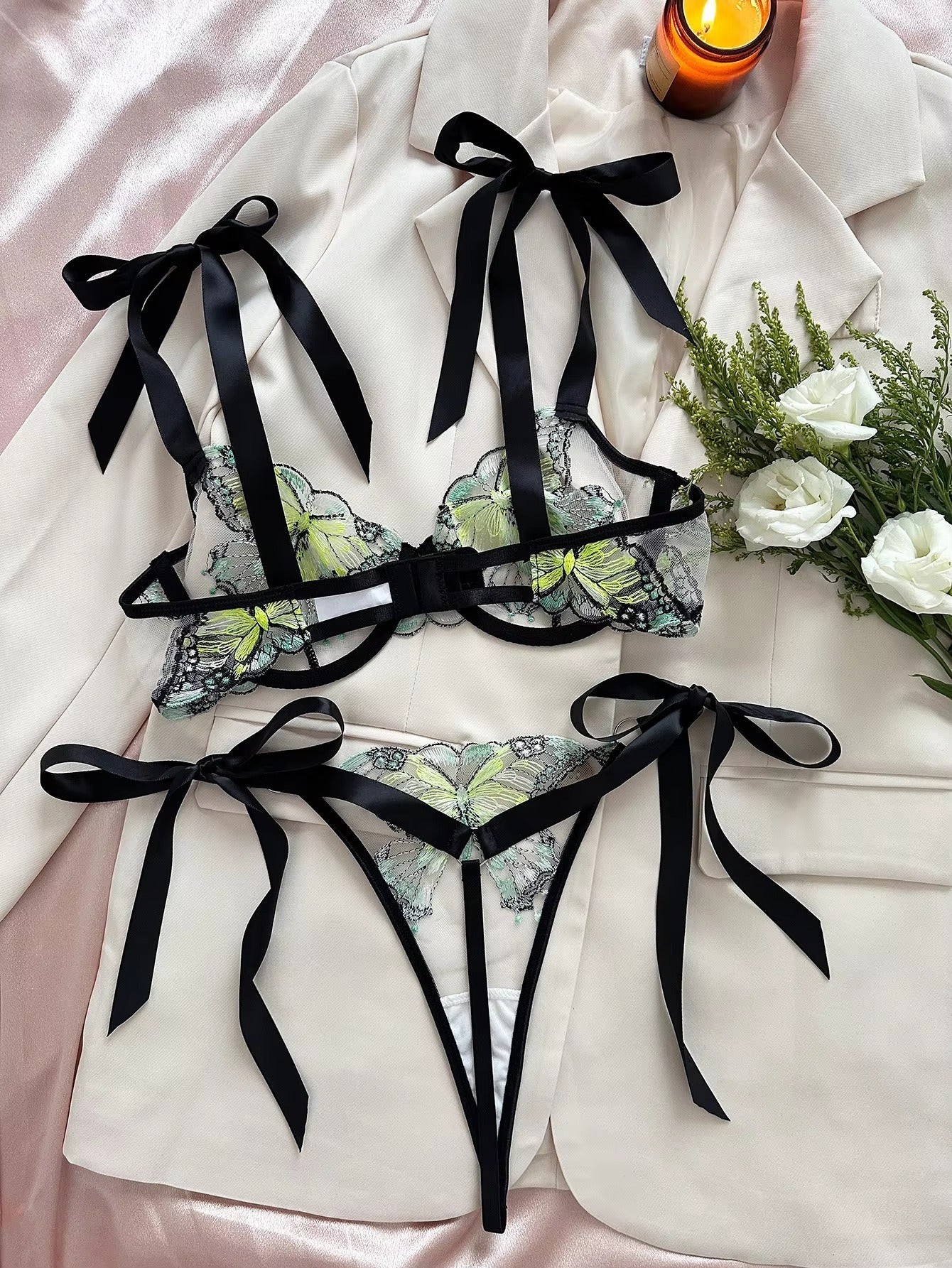 Flourish New Lace-Trimmed, Embroidered Butterfly Pattern, Single-Layer Ultra-Thin Bra And Underwear Set