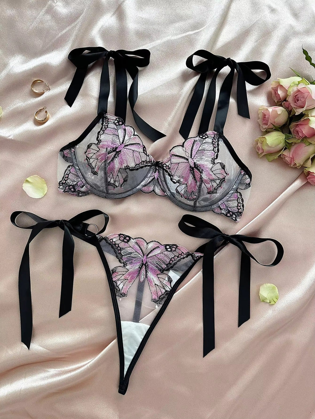 Flourish New Lace-Trimmed, Embroidered Butterfly Pattern, Single-Layer Ultra-Thin Bra And Underwear Set