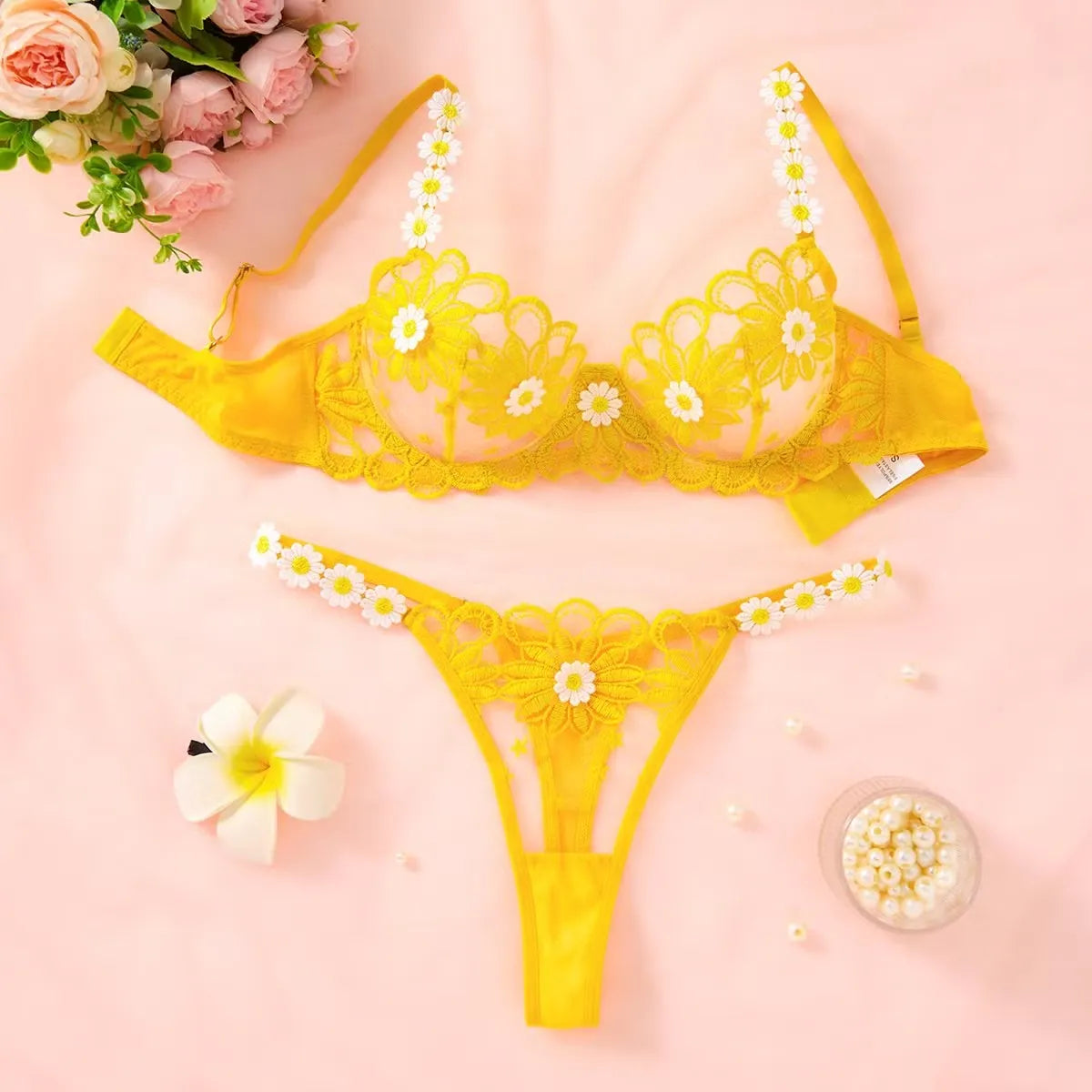 Flourish Sexy Elegant White Lace Lingerie Set – Soft Mesh Floral Embroidered Bra & Panty 5068