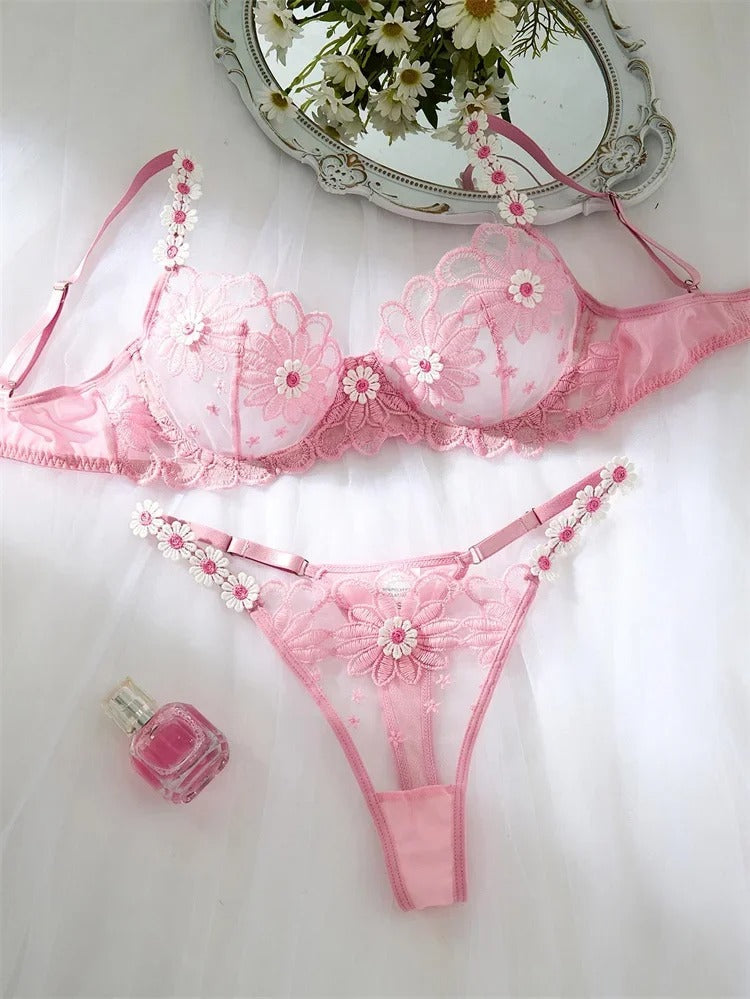 Flourish Sexy Elegant White Lace Lingerie Set – Soft Mesh Floral Embroidered Bra & Panty 5068