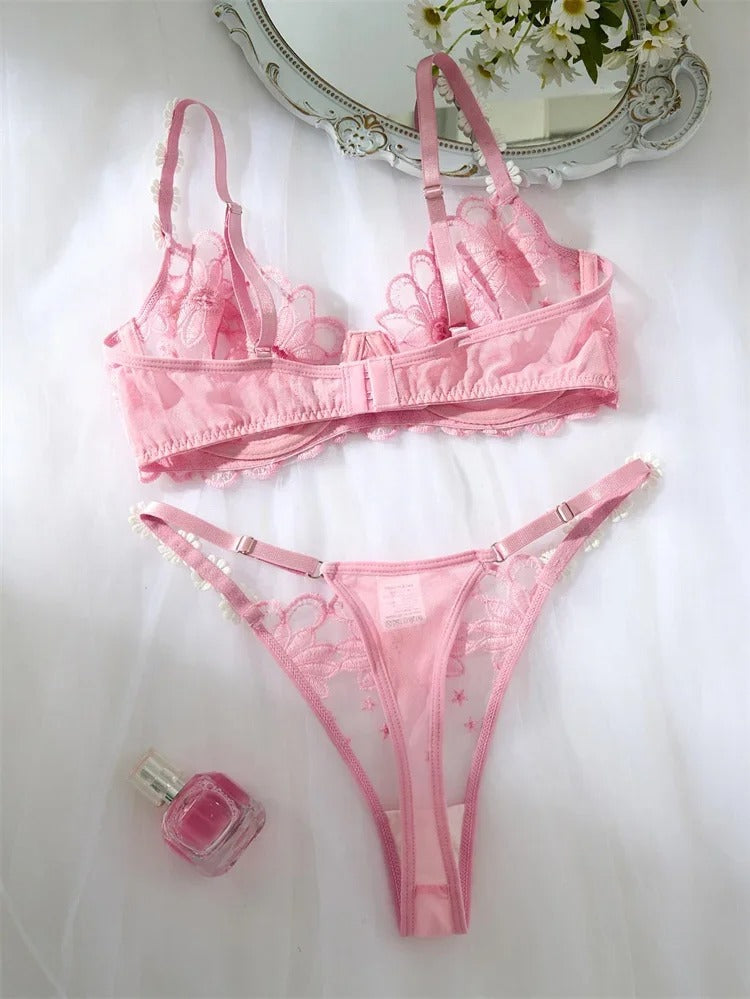 Flourish Sexy Elegant White Lace Lingerie Set – Soft Mesh Floral Embroidered Bra & Panty 5068